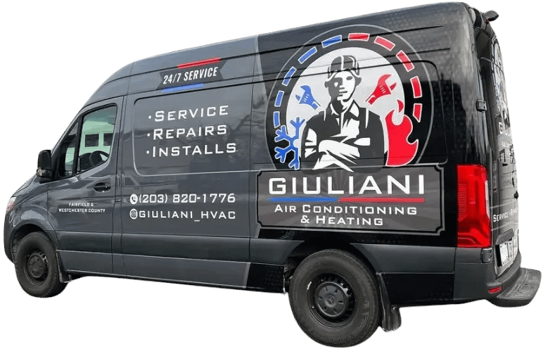work van wrapped in Giuliani Air Conditioning and Heating logo, saying service, repairs, installs