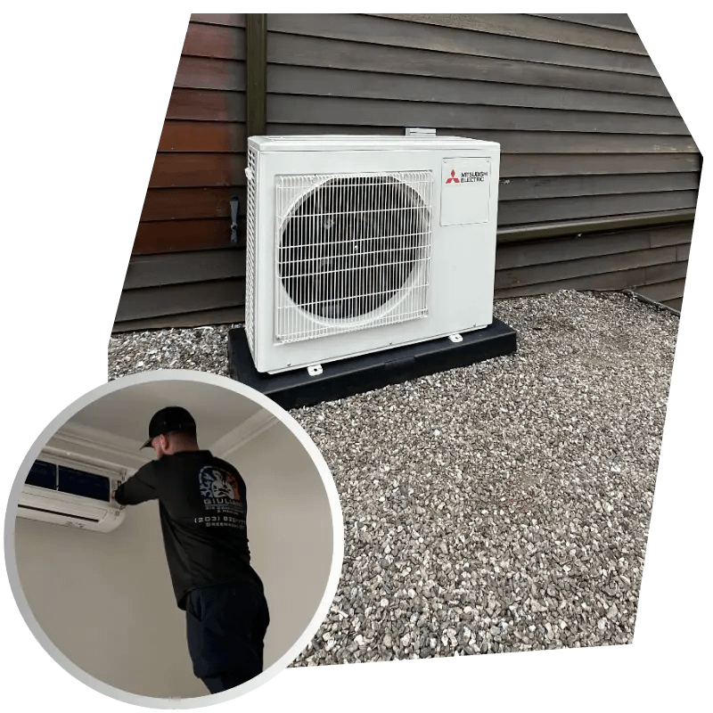 jack giuliani working on mini split and a heat pump outside house